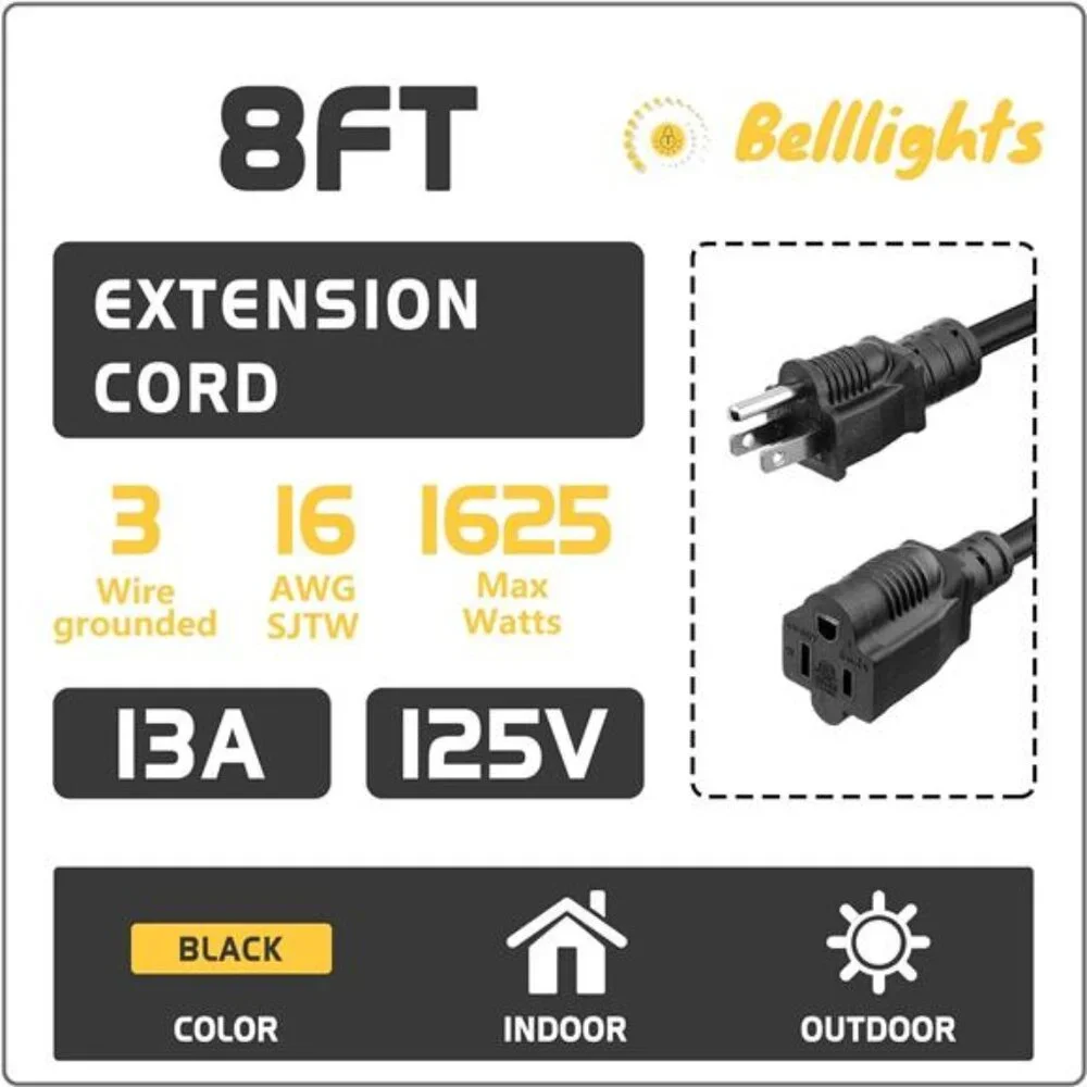 2-Pack 8ft Extension Cord Outdoor 16 AWG Heavy Duty Power Cord 3 Prong